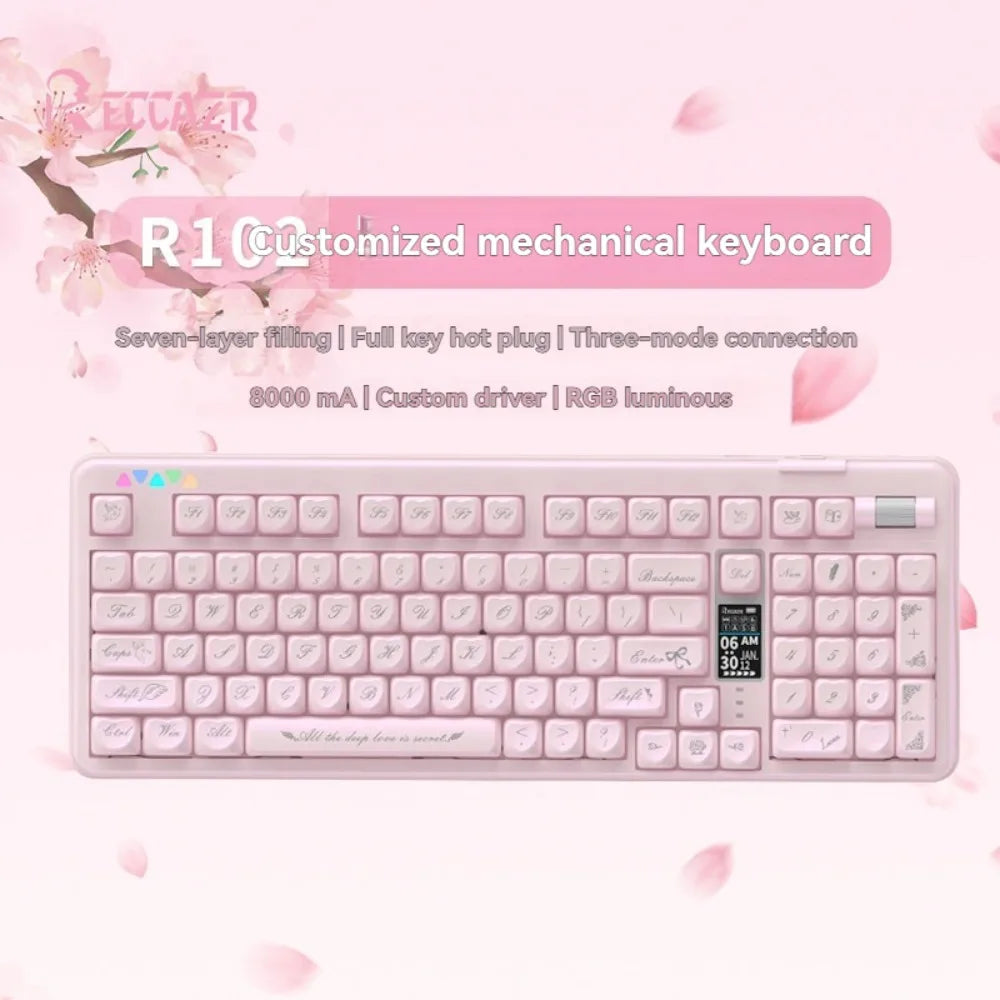 For R102 Pink Mechanical Keyboard  Custom Wireless Hotswap Tri Mode 98/102 Love Keycap Cute Bluetooth 2.4g girl Gaming Keyboard
