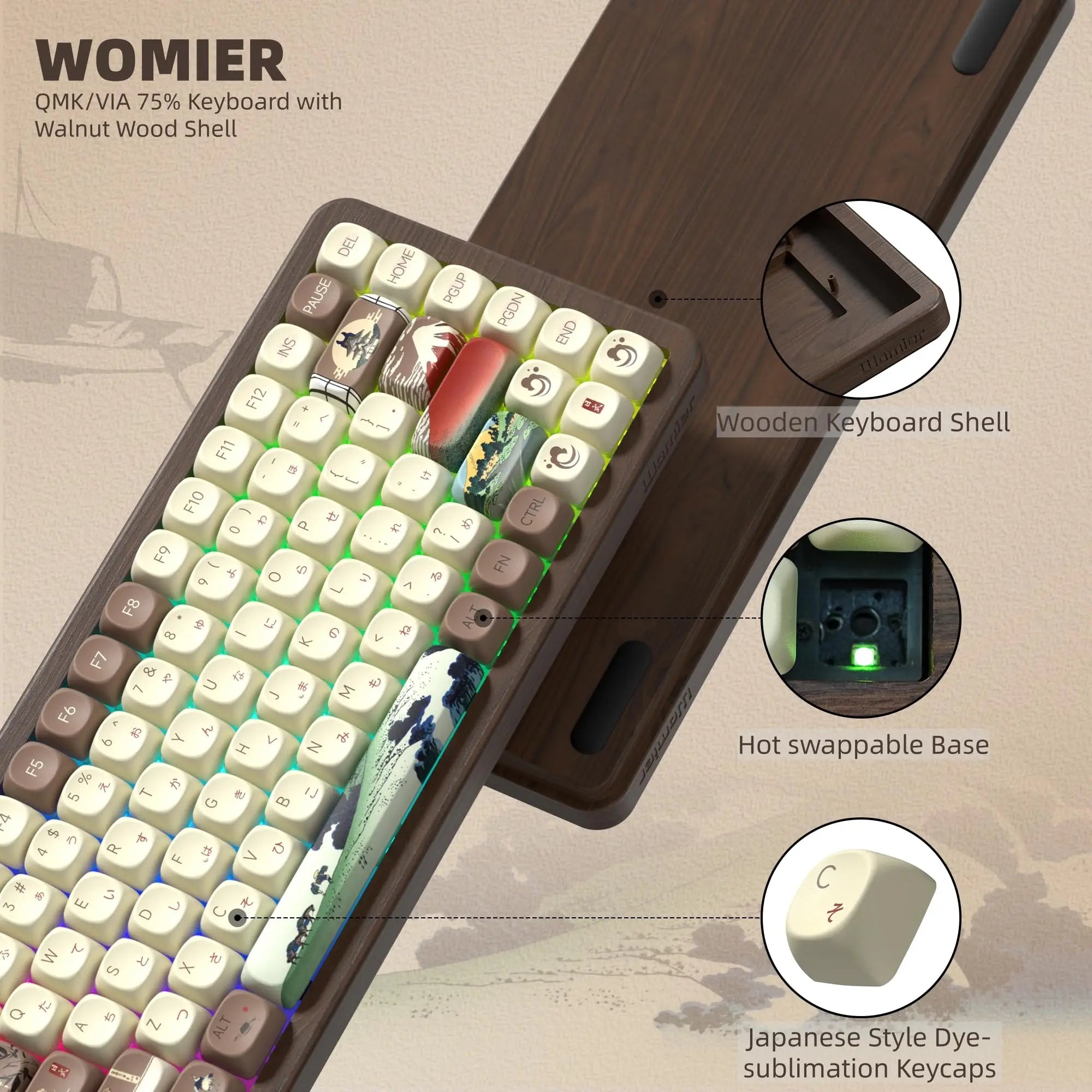 Womier WD75 V2 Fuji Mountain Theme 75% Keyboard with QMK/VIA Wood Gaming Keyboard Tri-Mode Wireless Mechanical RGB Hot Swap
