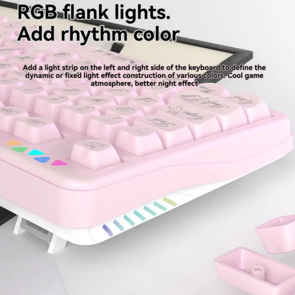 For R102 Pink Mechanical Keyboard  Custom Wireless Hotswap Tri Mode 98/102 Love Keycap Cute Bluetooth 2.4g girl Gaming Keyboard