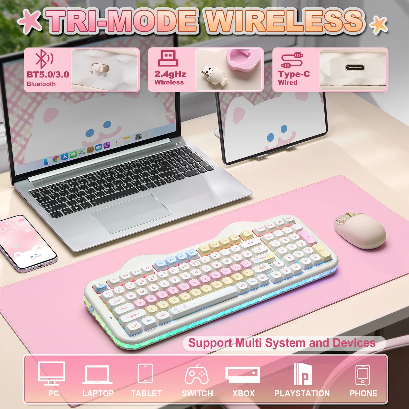 YUNZII C98 Wireless Mechanical Keyboard, 99-Key Hot Swap Gasket Keyboard with Numpad, Custom RGB Backlight,Cute Keeb for Win/Mac