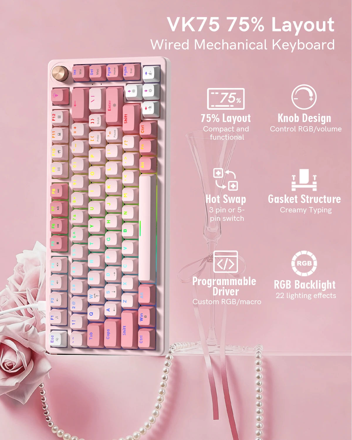 Womier VK75 Pink 75% Wired Gaming Mechanical Keyboard with Knob RGB Backlit Gasket Mount Hot Swappable Linear Switch For PC