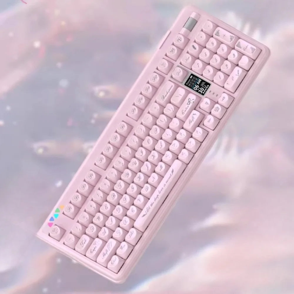 For R102 Pink Mechanical Keyboard  Custom Wireless Hotswap Tri Mode 98/102 Love Keycap Cute Bluetooth 2.4g girl Gaming Keyboard