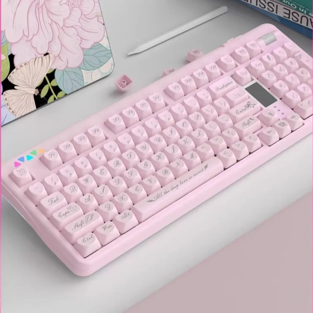 For R102 Pink Mechanical Keyboard  Custom Wireless Hotswap Tri Mode 98/102 Love Keycap Cute Bluetooth 2.4g girl Gaming Keyboard