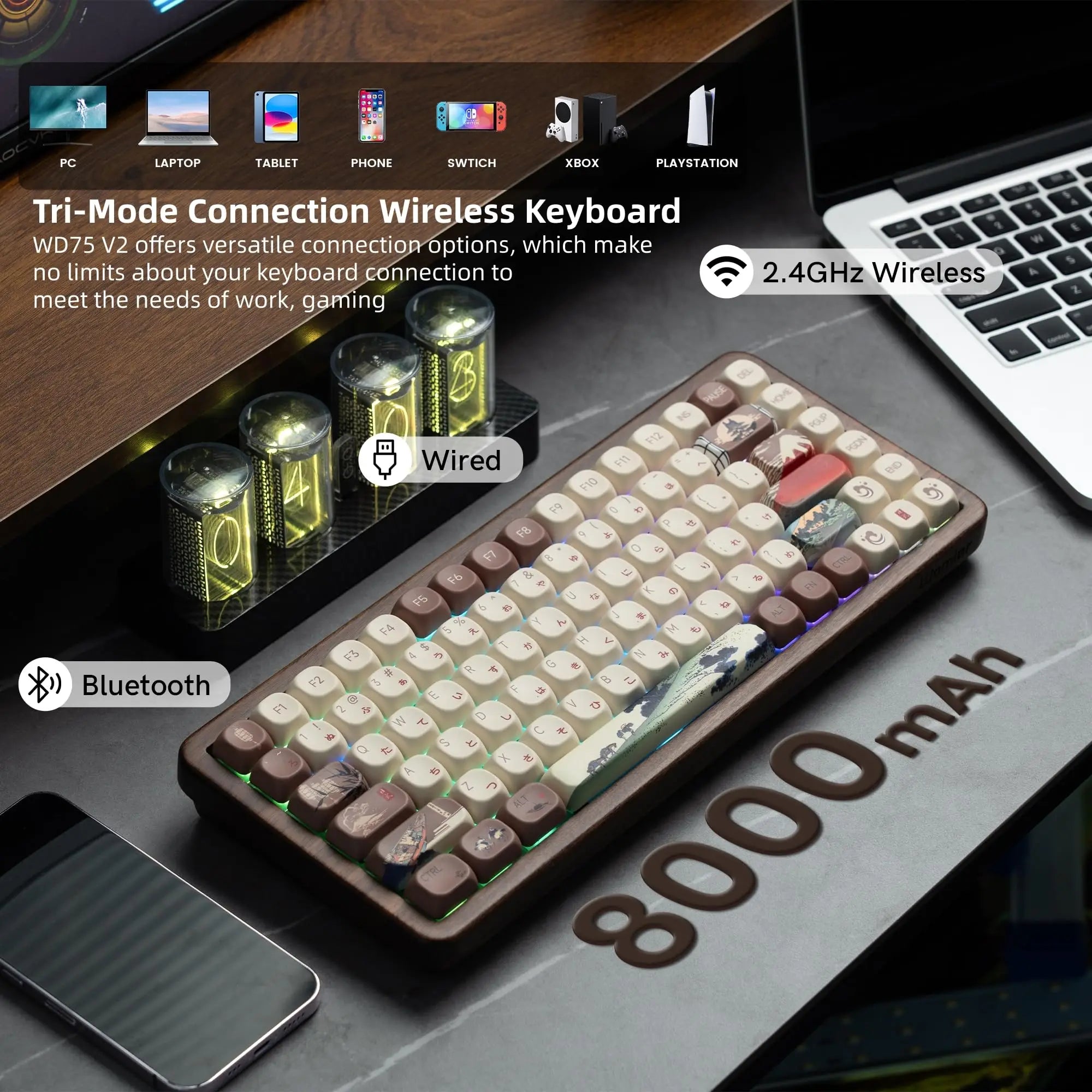 Womier WD75 V2 Fuji Mountain Theme 75% Keyboard with QMK/VIA Wood Gaming Keyboard Tri-Mode Wireless Mechanical RGB Hot Swap